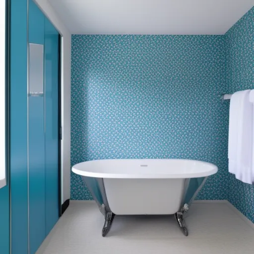 

Une image d'une salle de bain moderne et élégante, avec des carreaux de murs blancs et des accents de couleur bleu foncé, et des étag