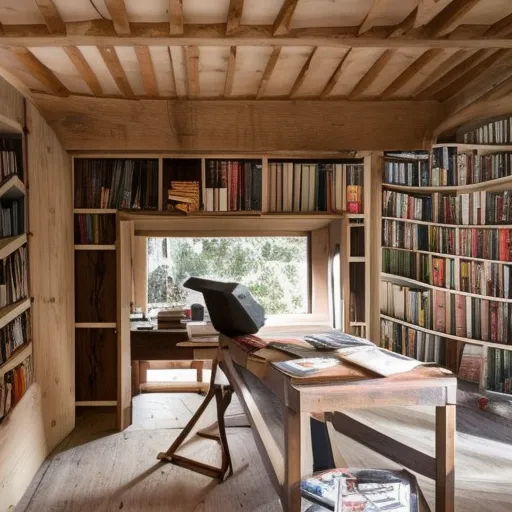 

Une photo d'une étagère faite maison, montrant des étagères en bois et en métal, avec des livres et des objets décoratifs, ainsi