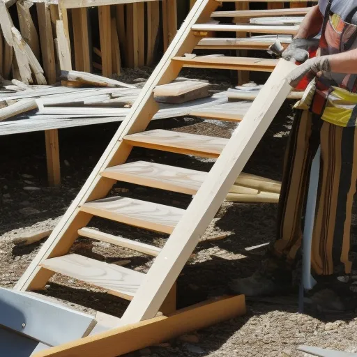 

Une photo d'un escalier en bois en cours de construction, montrant un menuisier en train de couper des planches de bois à l'aide d'une scie circulaire et