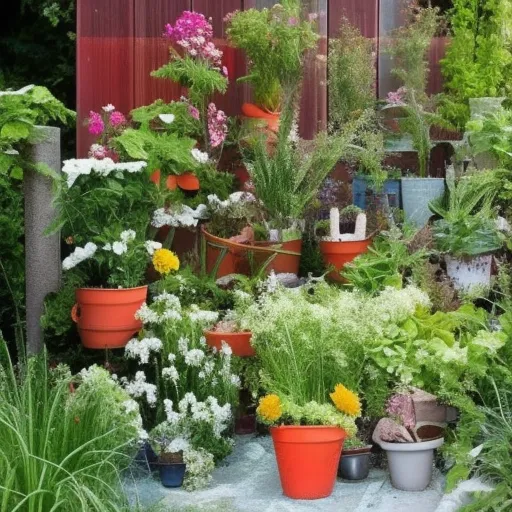 

Une image d'un jardin créé à la maison avec des matériaux de bricolage, montrant des pots de fleurs et des plantes variées, des pierres et des