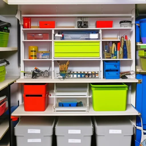 

An image of a workshop with a custom-built storage system featuring shelves, drawers, and hooks for organizing tools and supplies. The system is painted in a bright, cheerful color and is designed to maximize space and efficiency.
