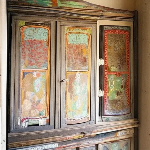 

Une photo d'un meuble ancien et usé qui a été customisé avec des couleurs vives et des motifs audacieux. Le meuble est recouvert de pe