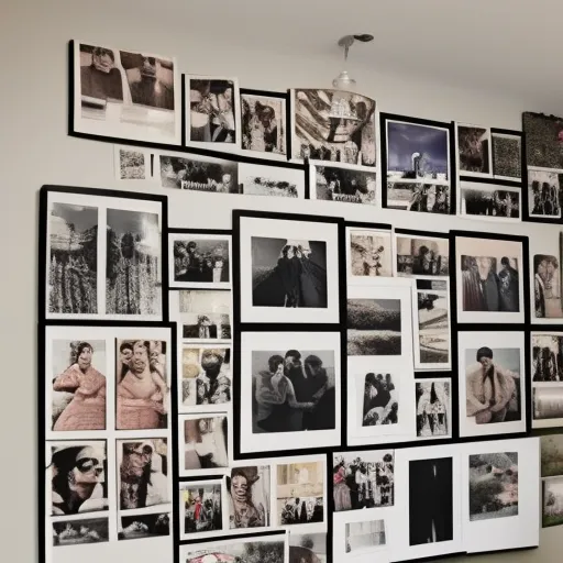 

An image of a wall with a custom-made photo collage featuring a variety of printed photos arranged in a creative and unique way.