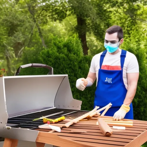 

A picture of a person wearing protective gloves and a face mask while assembling a barbecue in their backyard.