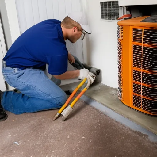 

A photo of a technician installing a central heating system in a home, with tools and pipes scattered around the room.