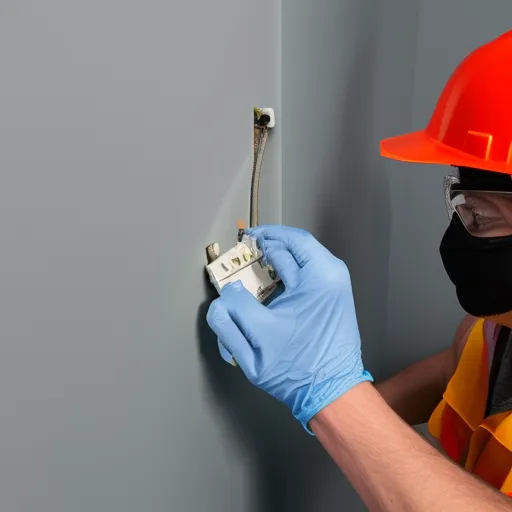 

An image of a person wearing safety glasses and gloves while installing a new wall switch in a wall.
