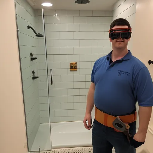 

A photo of a person wearing a tool belt and safety glasses, standing in a bathroom and installing a shower pan.