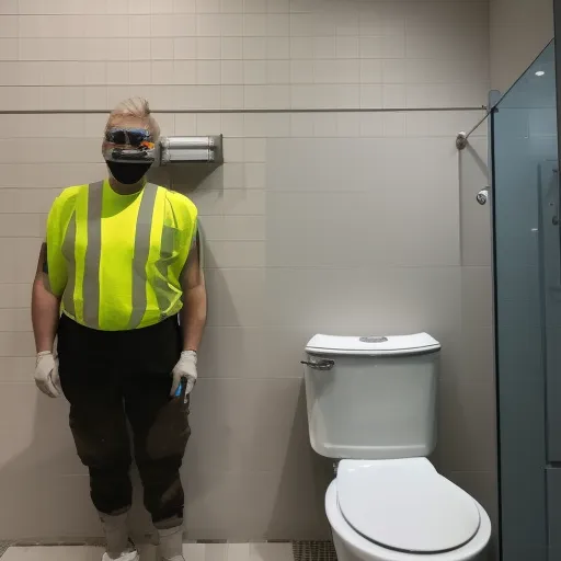 

An image of a person wearing a tool belt and safety glasses, standing in a bathroom with a toilet in the process of being installed.