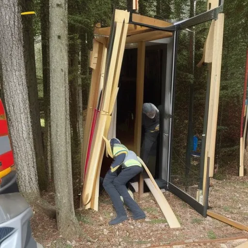 

Une image montrant une personne tenant un marteau et un tournevis, en train d'installer une porte intérieure en bois dans un cadre de porte.