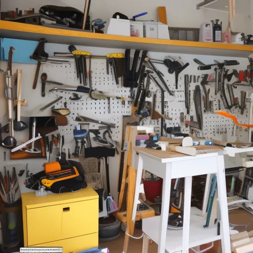

Une image d'un atelier de bricolage bien organisé, avec des outils et des fournitures rangés sur des étagères, des tiroirs et des boîtes de rang