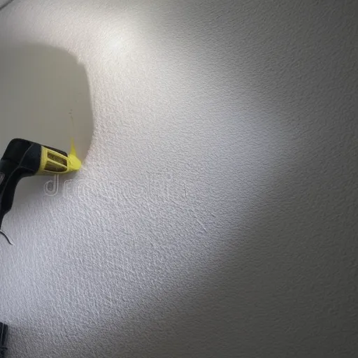 

Une photo d'un plafond blanc fraîchement peint, avec des outils de peinture et des gouttes de peinture sur le sol. La photo illustre parfaitement