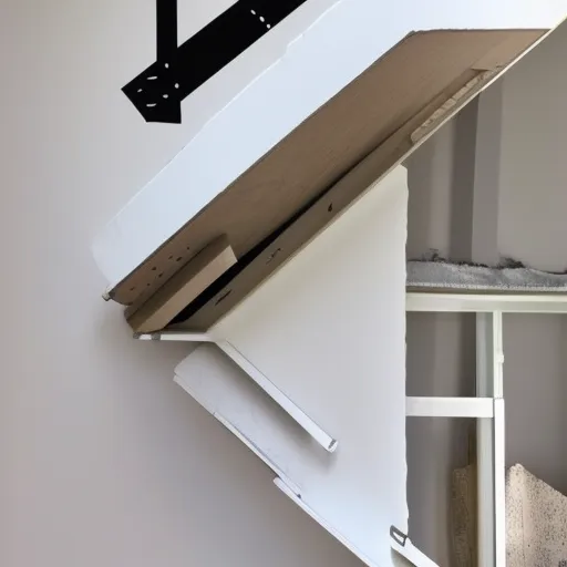 

Une photo d'un escalier escamotable installé dans un plafond, avec des instructions étape par étape pour le montage et l'utilisation.