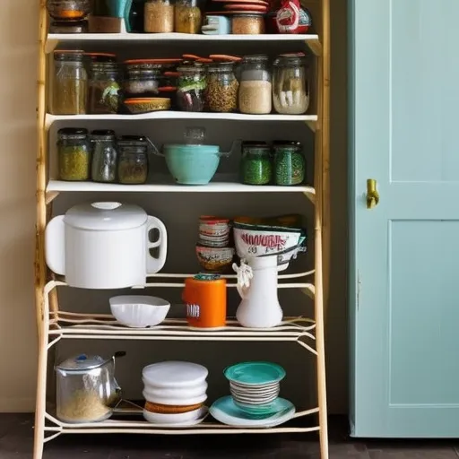 

An image of a kitchen with a unique design featuring upcycled household items such as a vintage chair used as a kitchen island, a repurposed dresser as a pantry, and a repurposed ladder as a pot rack.