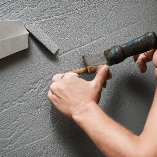

An image of a person using a hammer and chisel to carefully remove a stubborn nail from a wall. The person is wearing protective goggles and gloves to ensure safety.