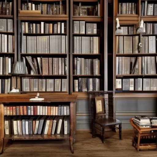 

Une photo d'une bibliothèque vintage en bois sombre, avec des étagères remplies de livres anciens et des ornements décoratifs. La bibli