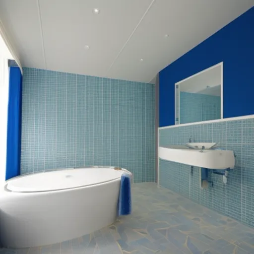 

Une image d'une salle de bain moderne et rénovée avec des carreaux blancs et des accents de couleur bleu clair. Des étagères murales et des