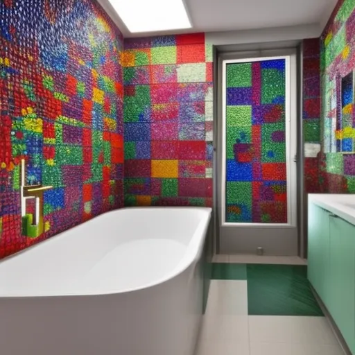 

Une photo d'une salle de bain moderne et élégante avec des carreaux de mosaïque colorés sur les murs et le sol. Les carreaux sont disposés de man