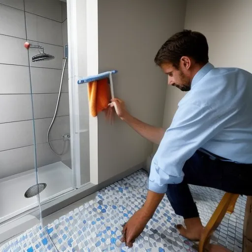 

Une image montrant un homme en train de réparer une fuite d'eau dans une salle de bain, avec des outils et des pièces de rechange à côté
