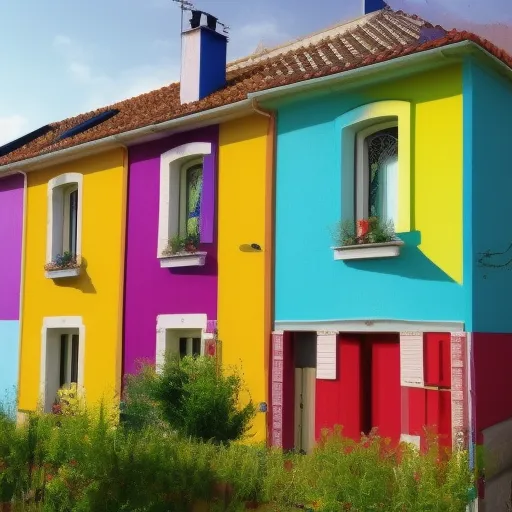 

Une image d'une maison avec des murs peints dans des couleurs audacieuses et vibrantes, telles que le rouge, le jaune et le bleu. Les couleurs