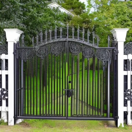 

An image of a black wrought iron gate with intricate scrollwork and a large arch at the top, standing in front of a white picket fence.