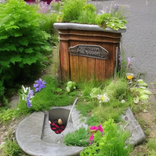 

Une photo d'une fontaine en pierre faite à la main, entourée de plantes et de fleurs, avec des outils de bricolage à côté.