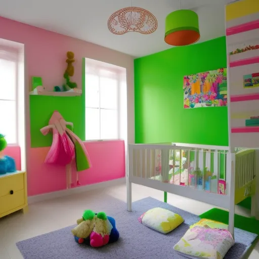 

Une image montrant une chambre d'enfant colorée et créative, avec des meubles et des accessoires colorés et amusants, ainsi que des murs décorés