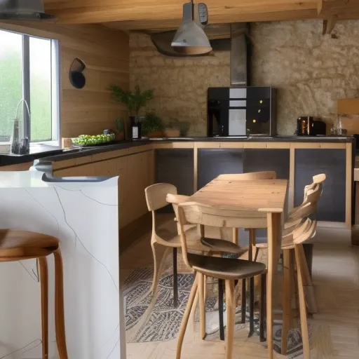 

Une image montrant une cuisine moderne et élégante avec des armoires en bois et des comptoirs en granit, ainsi que des éléments de décoration faits ma