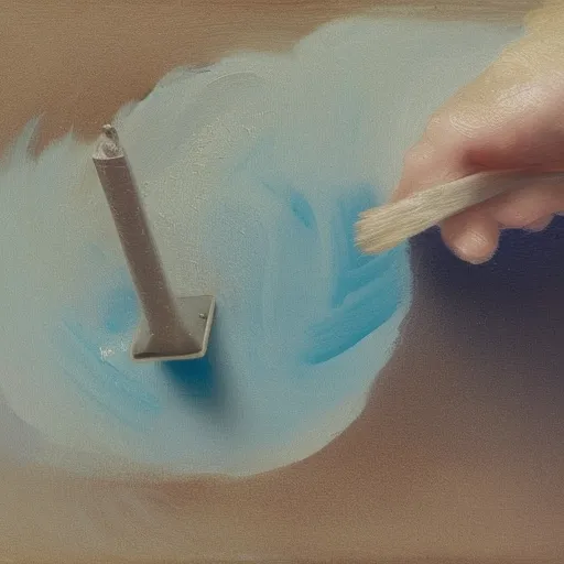 

Une image d'un homme tenant un rouleau de peinture et un pinceau, en train de peindre une surface avec des gouttes de peinture sur le sol autour de l