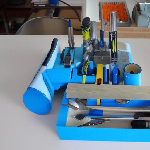 

Une image montrant une boîte à outils en métal bien organisée et remplie d'outils de bricolage, avec un fond de couleur bleu clair. La bo