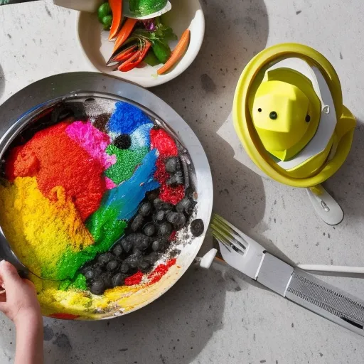 

Une image montrant une cuisine moderne et colorée, avec des éléments de bricolage faits à partir de matériaux de récupération. Les matériaux récupérés