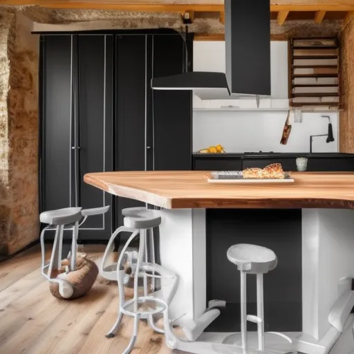 

Une image d'une cuisine moderne et élégante avec des armoires en bois et des comptoirs en granit noir. Les matériaux de qualité et durables sont