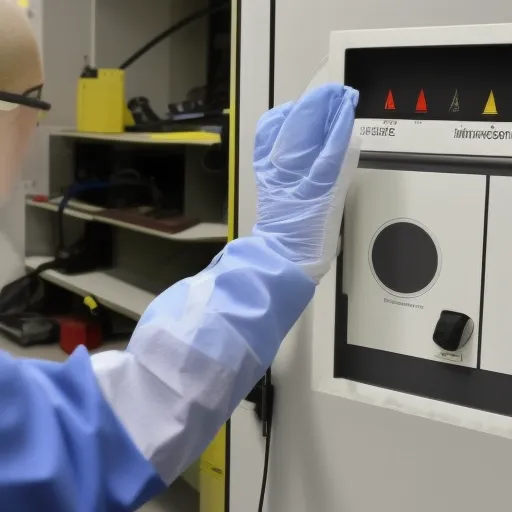 

Une image montrant un technicien en train de tester un circuit électrique avec un appareil de test, le visage concentré et les mains protégées par des gants.